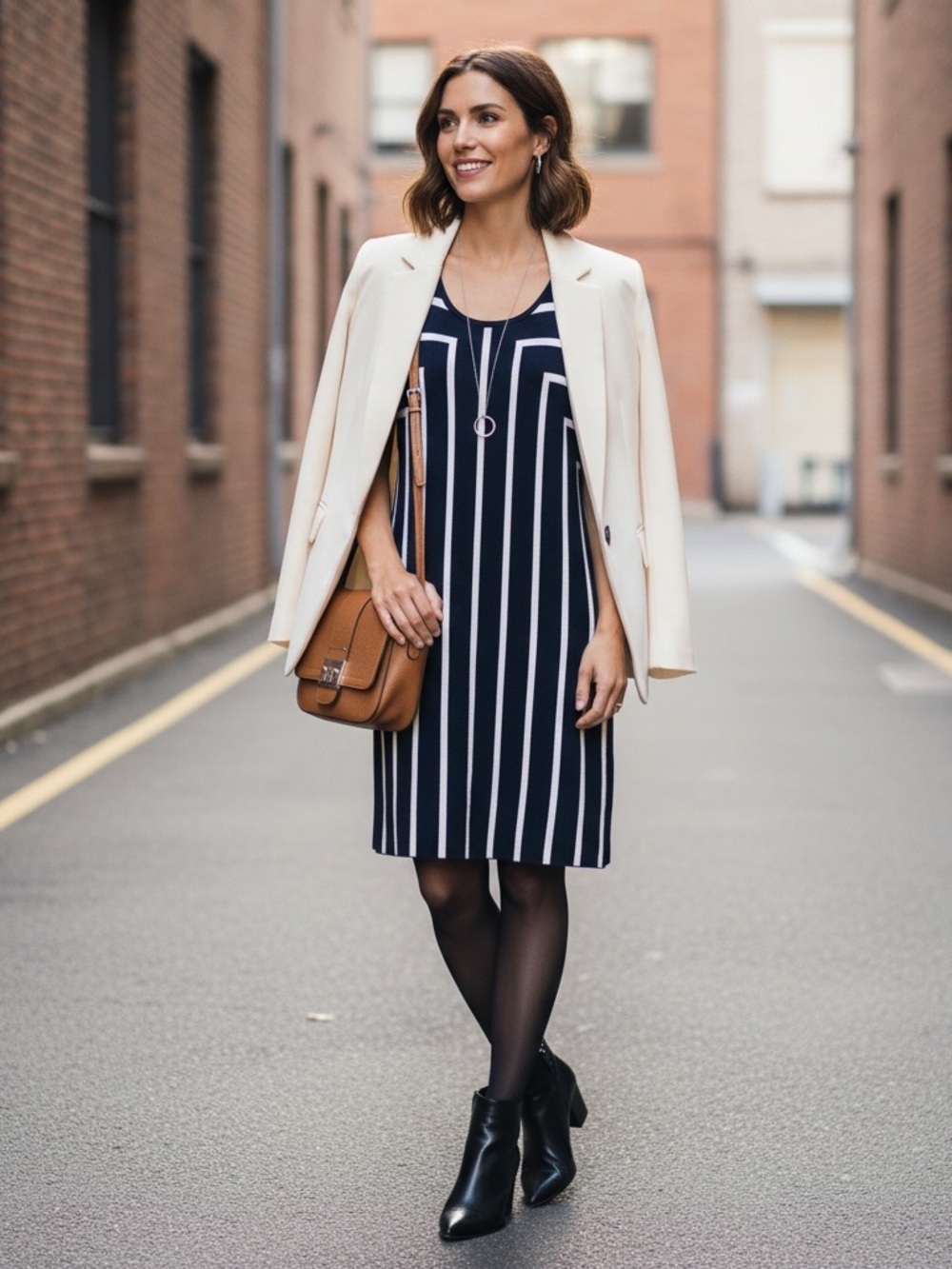 Adrienne Vittandini Minimalist Navy + White Vertical Stripe Knit Shift Dress L